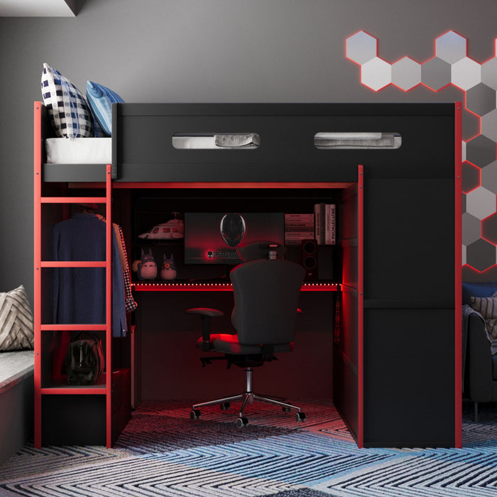 Jerry Lit mezzanine en bois avec bureau et rangement, Taille Double, Rouge