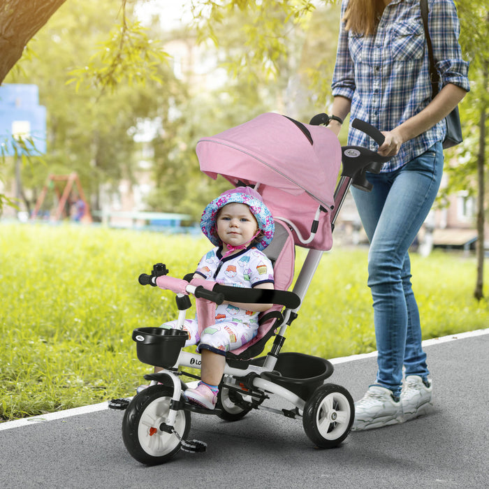 Qaba Tricycle Pour Tout-petits, Velo Poussette Avec Poignee De Poussee Parentale, Paniers De Rangement, Porte-gobelet, Garde-corps De Securite Et Ceinture De Securite, Pour 12 A 60 Mois, Rouge
