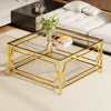 Gleam 33.5 Inch Square Tempered Glass Coffee Table with Geometric Gold Frame and Lower Shelf, Transparent | Gleam Table Basse Carree en Verre Trempe 33.5 po avec Cadre Geometrique Dore et Etagere Inferieure, Transparent