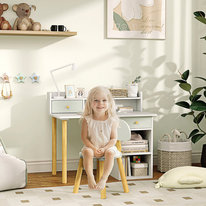 Qaba Ensemble Bureau Et Chaise Pour Enfants Avec Rangement Et Etageres Vert
