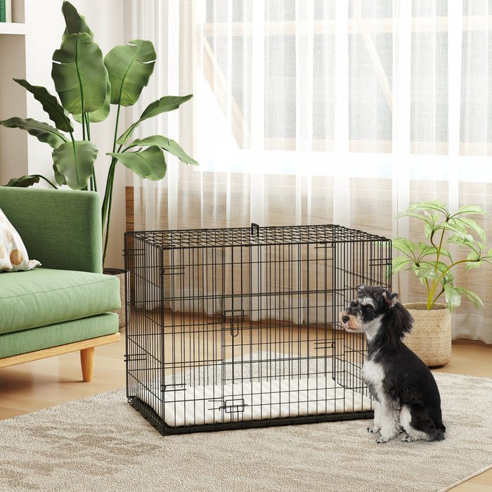 Cage Pour Chien Pawhut, Niche Pliable En Metal De 76 Cm Avec 2 Portes, Plateau Amovible, Coussin Moelleux, Poignee, Cage Pour Petits Chiens, Noir