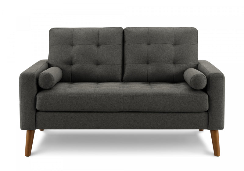 Causeuse Rembourre, 58\" L, Tissu Gris Fonce, Pieds En Bois De Noyer, Mid Century, Moderne