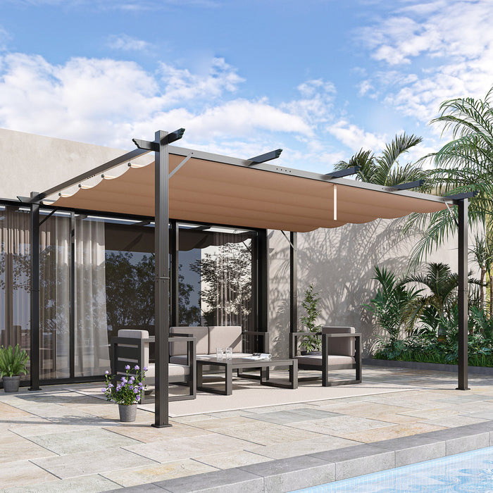Outsunny Pergola Retractable 10' X 13' Auvent Retractable Pour Patio Jardin Terrasse Structure Aluminium + Toile Polyester Haute Densite 180 G/m² Gris