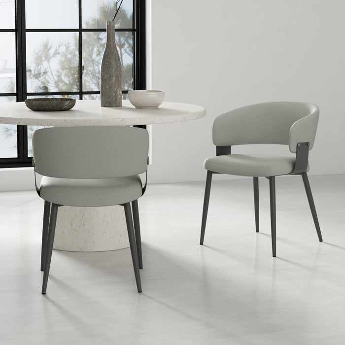 Chaise de salle a manger moderne Luce en cuir vegetalien texture et metal, gris pierre - Lot de 2