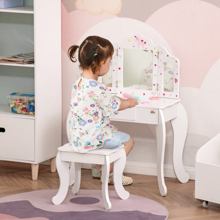 Qaba Coiffeuse Et Tabouret Pour Enfants Coiffeuse Pour Filles Bureau De Maquillage Avec Miroirs Tri-pliants Tiroir Motif Etoile Et Cœur Blanc