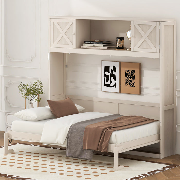 Lit escamotable Ethan en bois massif avec armoires de rangement, taille full, beige