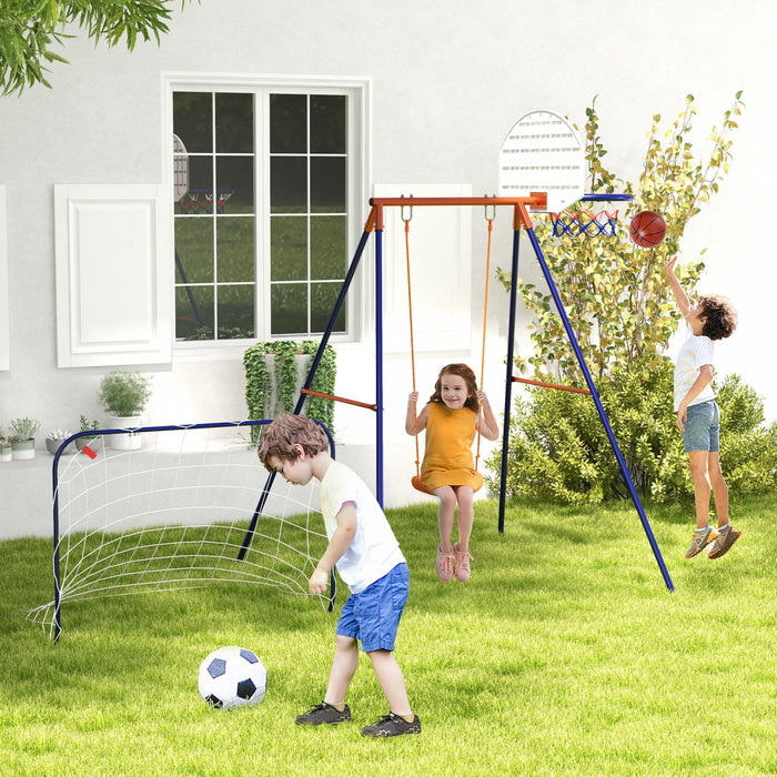Outsunny Swing Set Pour Enfants Exterieur 3 En 1 Cadre D'oscillation En Metal Avec Siege D'oscillation, Cerceau De Basket-ball Et But De Football, Pieux Au Sol Pour 3-8 Ans