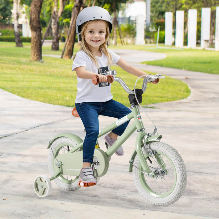 Costway 12\" Velo Pour Enfants Avec Guidon De Selle Reglable Roues D'entrainement Amovibles Frein A Main Vert