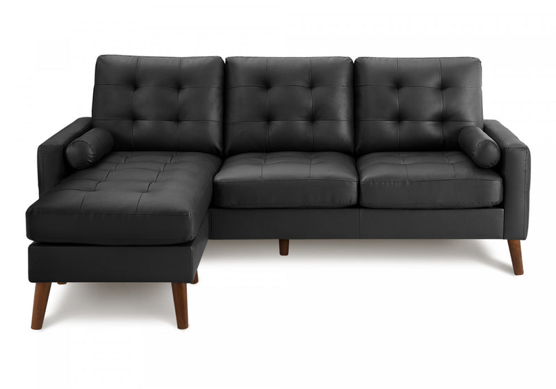 Sofa Chaise Longue Rembourre, 85\"L, Aspect Cuir Noir, Pieds En Bois Massif De Noyer