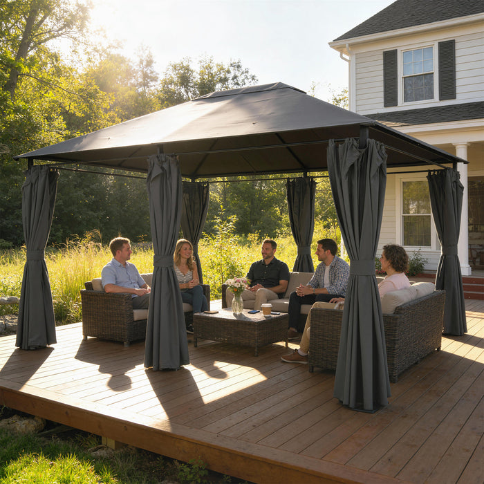 Outsunny 3 m x 3,9 m, gazebo d'exterieur avec structure en acier, rideaux, gris fonce