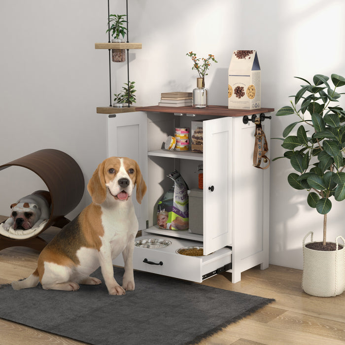 Pawhut Station D'alimentation Pour Chien, Recipient De Stockage De Nourriture Pour Animaux De Compagnie Avec Bols Sureleves Caches, Panneau Reglable, Crochets, Pour Chiens De Taille Moyenne, Blanc