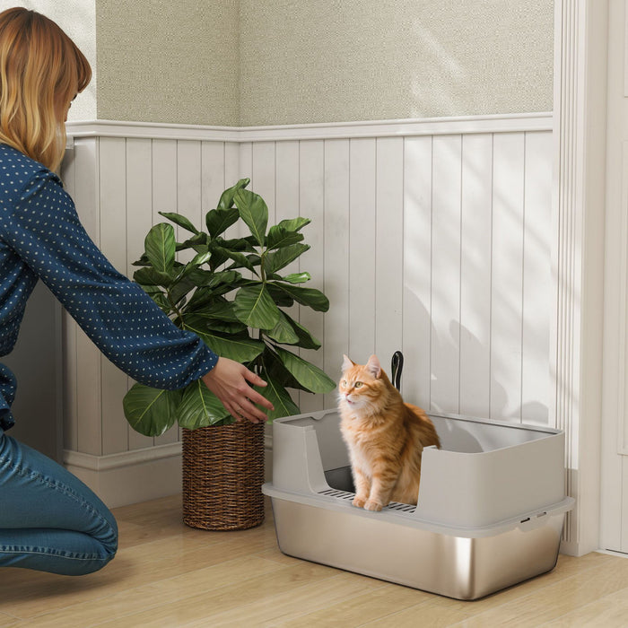 Bac a Litiere XL en Acier Inoxydable, Haut et Spacieux pour Chats