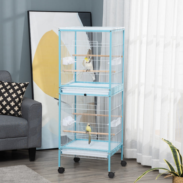 Pawhut 55 Pouces 2 En 1 Cage A Oiseaux Voliere Perruche Maison Pour Pinsons, Perruches Avec Roues, Plateaux Coulissants, Perchoir En Bois, Recipients Alimentaires, Bleu Clair