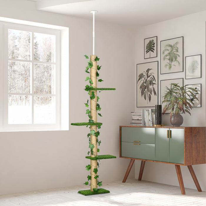 Pawhut Arbre A Chat A 4 Niveaux Du Sol Au Plafond, Hauteur 79,5 A 95,3\" Reglable, Grande Tour Pour Chat Antiderapant, Centre D'activites Multicouche Hautement Simulant Avec Perchoirs, Griffoir - Vert