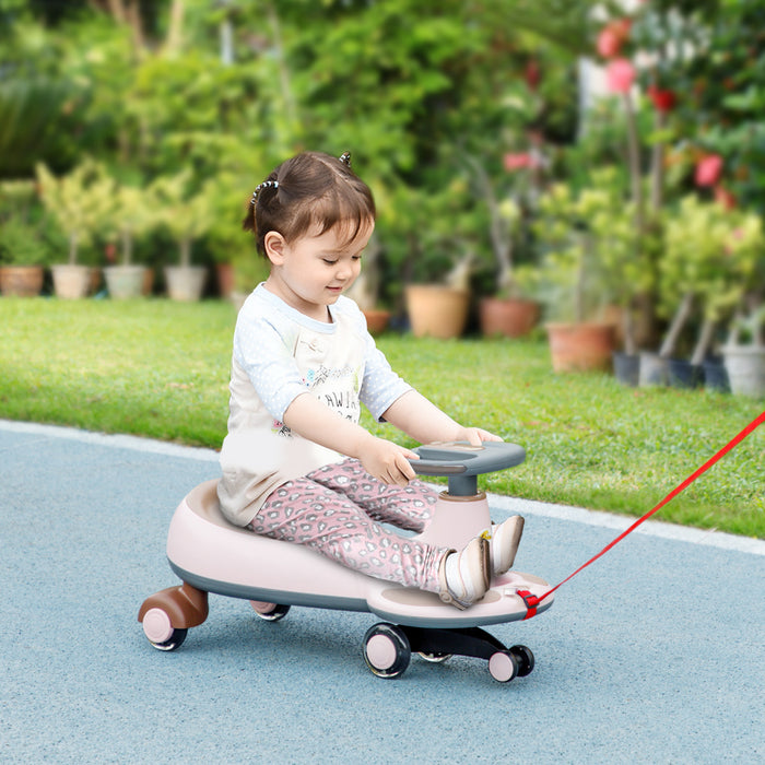 Qaba Voiture Pour Enfants De 2 A 6 Ans, Avec Corde De Traction Pour Les Parents, Musique, Lumiere, Voiture Sans Piles, Mouvement De Torsion Pour Diriger, Rose