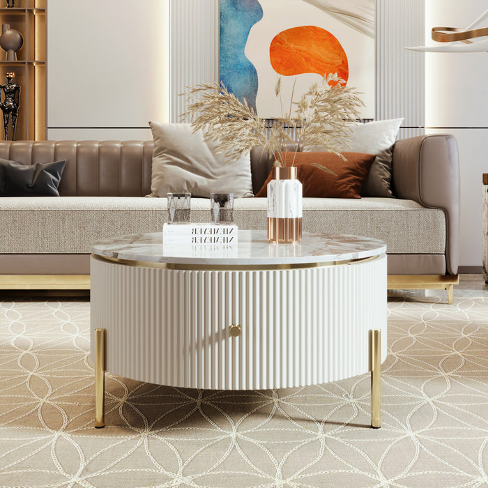 Table Basse Ronde Moderne Nelson De 31,5\" Avec 2 Tiroirs De Rangement, Blanc Casse