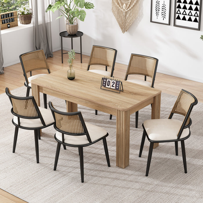 Chaises de salle a manger modernes Oliver avec assise rembourree en PU et dossier en rotin PE, lot de 6, noir