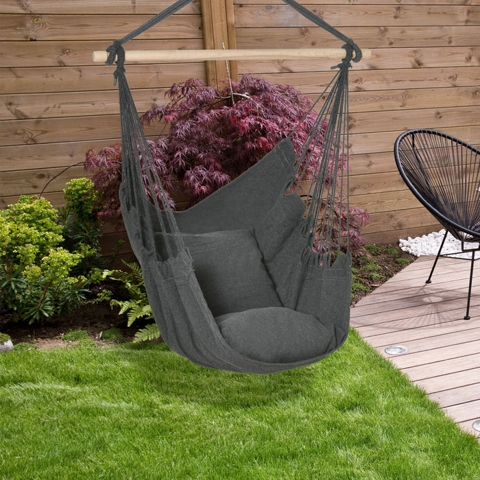 Outsunny Chaise Suspendue Hamac Balancoire De Porche En Corde De Coton Avec 2 Coussins Pour Interieur Exterieur Patio Jardin Chambre Gris Fonce