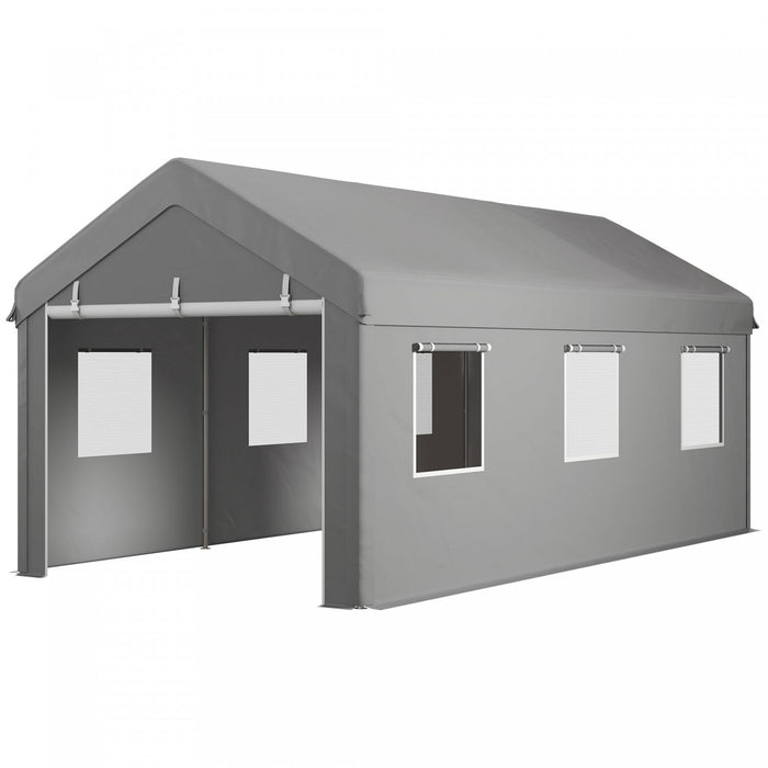 Outsunny 10' X 20' Carport, Abri De Voiture Avec 6 Fenetres Et 2 Portes
