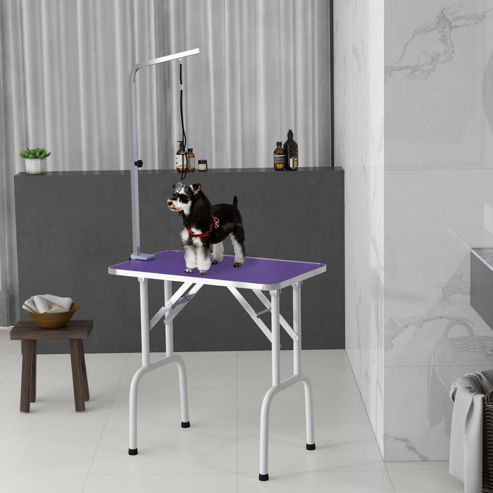 Pawhut Table De Toilettage Pour Petits Chiens, Table De Toilettage Pliable Pour Chiens Et Chats Avec Bras Reglable, Surface Antiderapante, Violet