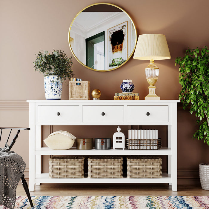 Console Wendy En Bois Massif Avec 3 Tiroirs Et 2 Etageres Ouvertes, Blanc Antique