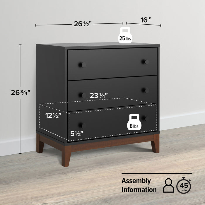Table de nuit Nordik de Prepac à 3 tiroirs - noire et cerisier