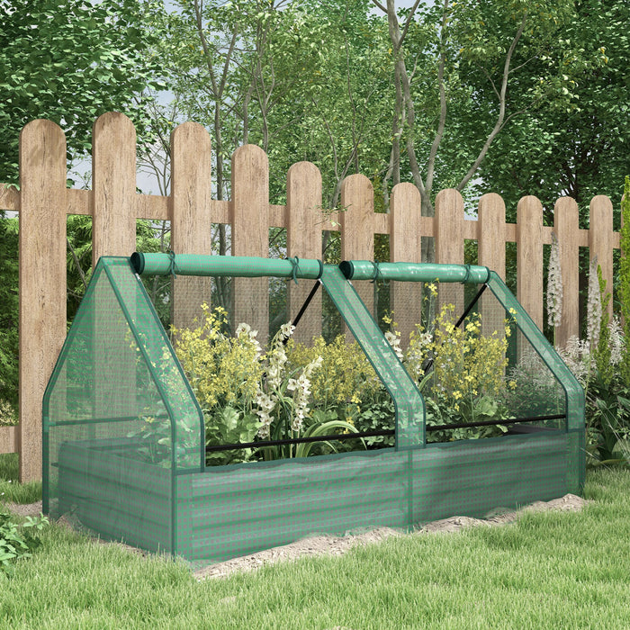 Outsunny Lit De Jardin Sureleve Avec Mini Serre, Jardiniere D'exterieur En Metal Avec Couvercle, Pour Herbes Et Legumes, Utilisation Pour Terrasse, Jardin, Balcon, Vert Et Argent