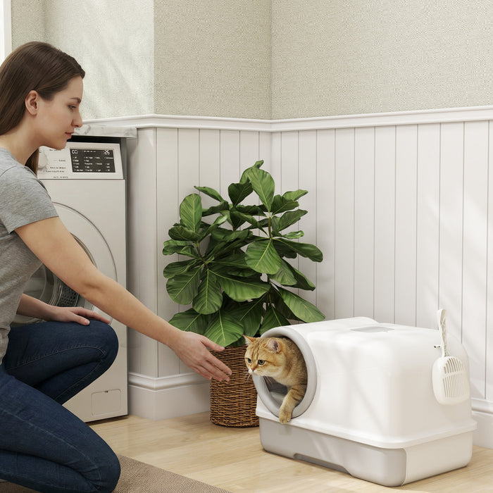 PawHut Bac a litiere pour chat avec couvercle, plateau coulissant, pelle incluse et sachets de deodorisation, blanc et gris