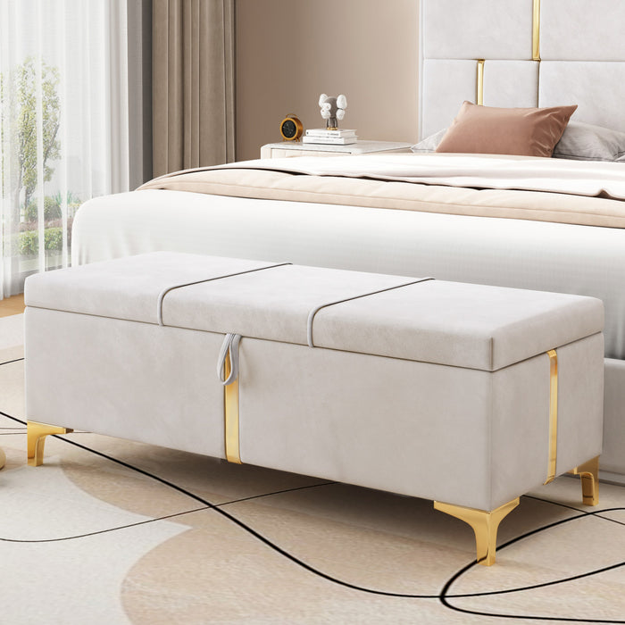 Banc Coffre De Rangement Tony En Velours Doux Avec Pieds Metalliques, Beige