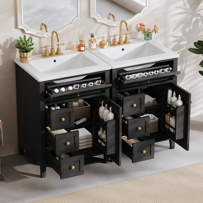 Aura Ensemble Meuble-Lavabo Double 48 po avec Tiroirs et Armoire, Noir