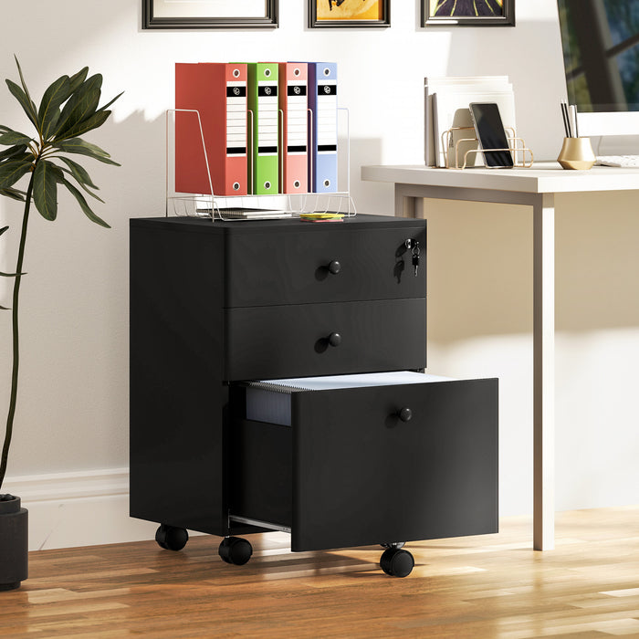 HOMCOM Classeur a 3 tiroirs avec serrure, classeur mobile, noir