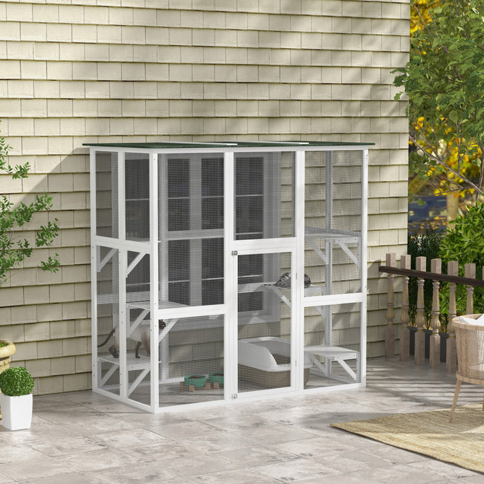 Pawhut Maison Pour Chat D'exterieur En Bois Avec Grand Interieur Spacieux, 6 Rebords Hauts, Toit En Asphalte De Protection Contre Les Intemperies, 71\" L, Blanc