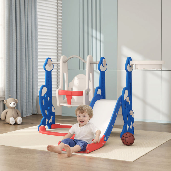 Qaba Ensemble toboggan et balancoire 4 en 1 avec panier de basket-ball, grimpeur, balancoire pour bebe, aire de jeux interieure pour garcons et filles, theme fusee, bleu fonce