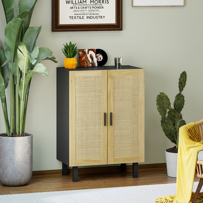 HOMCOM Buffet Boho avec portes en rotin, noir et naturel