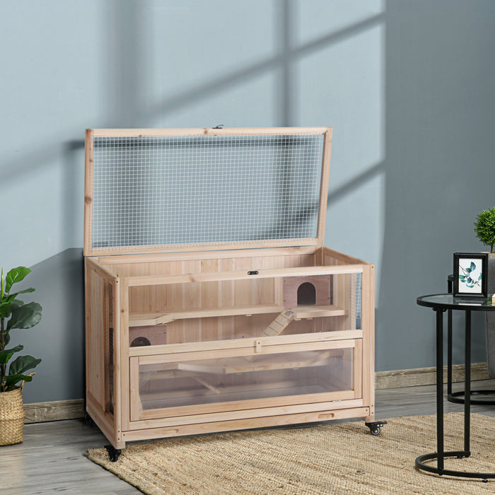 Pawhut Cage En Bois Extra Large Pour Hamster Et Aire De Jeux Avec 3 Echelles Et 2 Cabanes, Cage Pour Petits Animaux Pour Hamster Syrien Et Nain, Roues, Plateau Coulissant, Bois Naturel