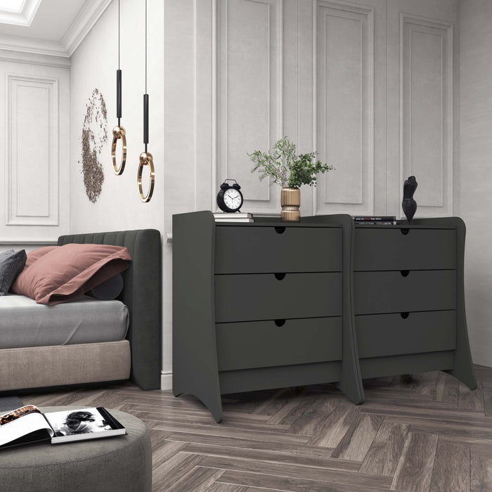 Table de nuit Coney style milieu du siecle 71 cm en gris charbon (3 tiroirs) – Lot de 2