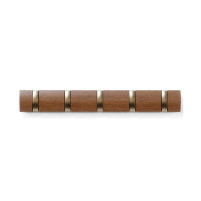 Umbra 5 Flip Wall-Mounted Hooks - Light Walnut and Gold|5 crochets muraux Flip de Umbra - noyer clair et dorés