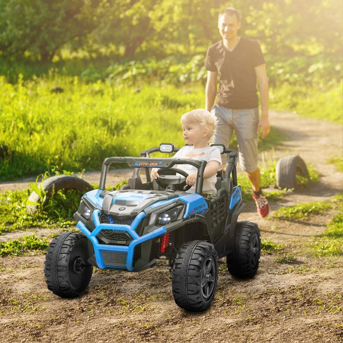 Qaba Voiture Electrique 2 Places Pour Enfants, Alimentee Par Batterie 24 V, Avec Telecommande, 3 Vitesses, Lumieres Led, Musique, Klaxon, Suspension A Ressort Pour 3 A 8 Ans, Bleu