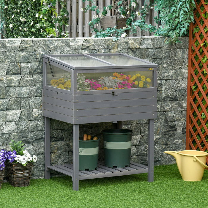 Outsunny Jardiniere Surelevee Avec Serre De Jardin En Panneau Polycarbonate Jardiniere Sur Pieds Avec Etagere De Rangement Exterieur Jardin Patio Balcon Toit Ouvrable Bois De Sapin Gris
