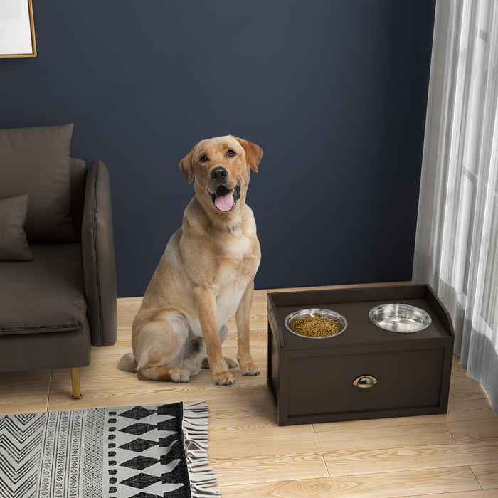 Pawhut Grandes Gamelles Surelevees Pour Chien Avec Tiroir De Rangement D'une Capacite De 21 L, Station D'alimentation Surelevee Pour Animaux De Compagnie Avec 2 Gamelles En Acier Inoxydable, Marron