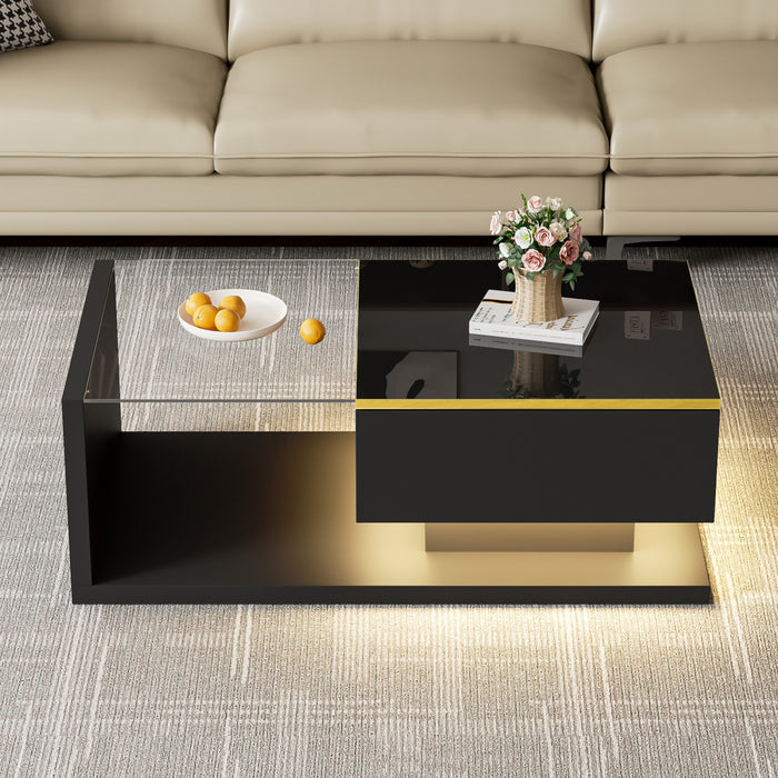Maxwell Table Basse Haute Brillance de 39,4\" avec Verre et Effet LED, Noir