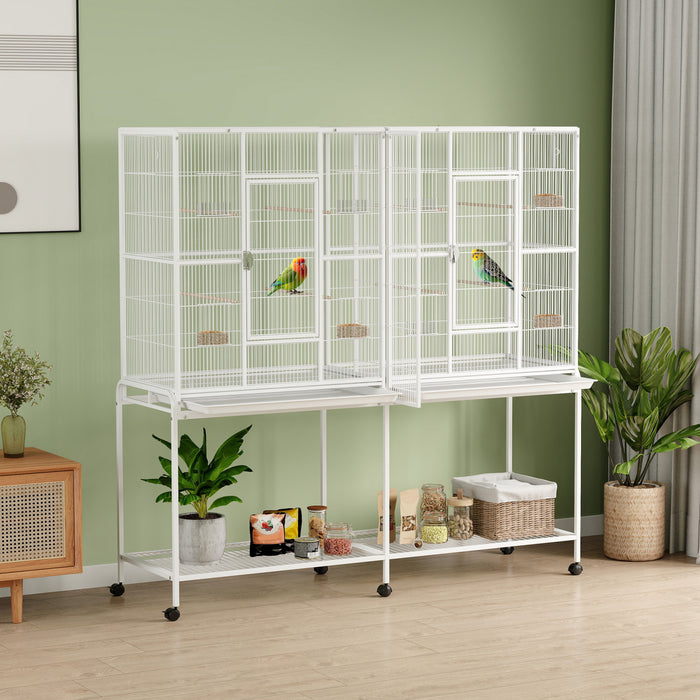 PawHut - Grande cage pour oiseaux de 64\" avec support roulant detachable, etagere de rangement, perchoirs en bois et mangeoires, blanc