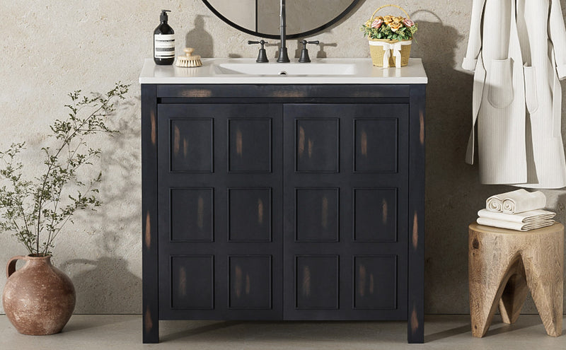 Meuble De Salle De Bain Laura 36\" En Bois Massif Avec Lavabo En Ceramique, Espresso