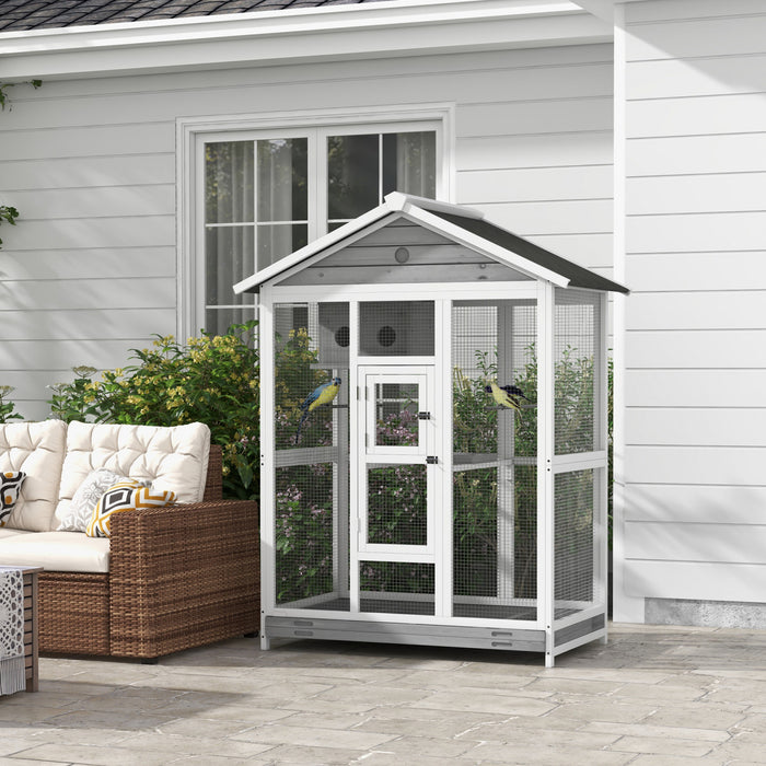 Pawhut 65\" Cage A Oiseaux Grande Voliere En Bois Pour Canari Avec Plateau Coulissant Nid De Poteau Debout, Pour Interieur Exterieur, Gris