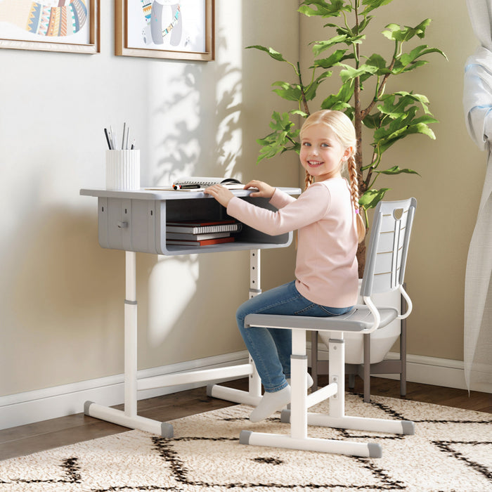 Qaba Ensemble bureau et chaise pour enfants, bureau et chaise d'etude reglables en hauteur avec grand tiroir, table d'etude pour chambre et salle d'etude, gris