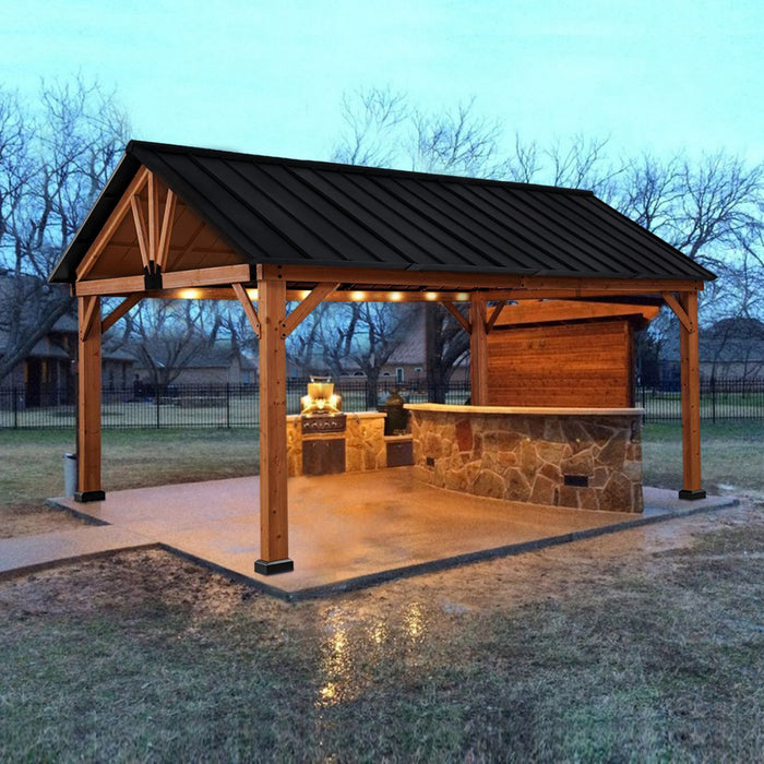 Outsunny 13' X 11' Gazebo En Bois Auvent Exterieur Pare-soleil Abri Avec Toit En Acier, Bois Massif, Noir Et Naturel