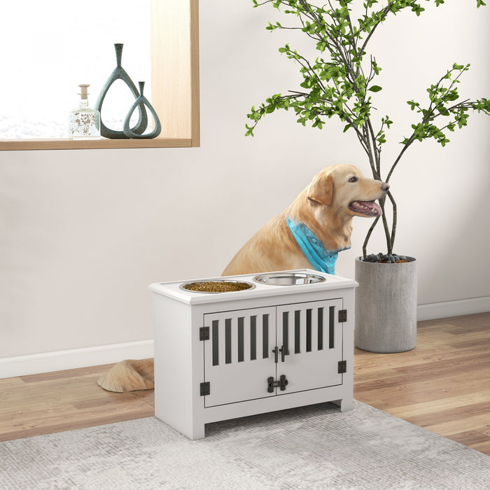 Pawhut Gamelles Surelevees Pour Chien, Mangeoire Surelevee Avec 2 Gamelles En Acier Inoxydable, Armoire De Rangement, Porte, Pour Chiens De Tres Grande Taille, Blanc