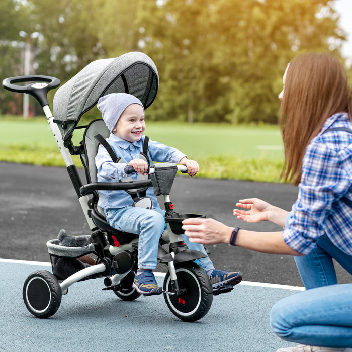 Aosom Tricycle Pour Enfant 7-en-1, Avec Siege Rotatif, Poignee De Poussee Reglable, Harnais De Securite, Auvent Detachable, Repose-pieds Semi-inclinable, Barre De Securite Pour 12-50 Mois, Gris