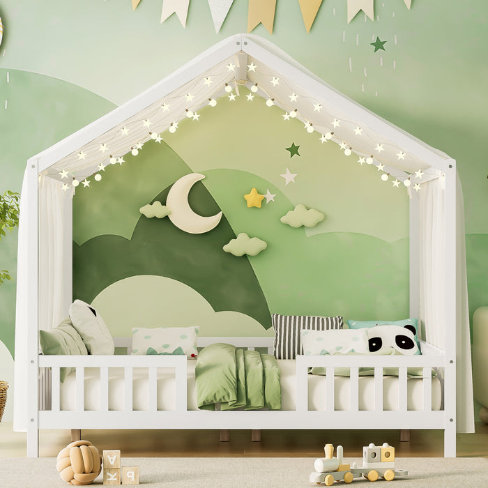 Paul Lit Montessori au sol avec baldaquin et barrieres hautes, Taille Double, Blanc