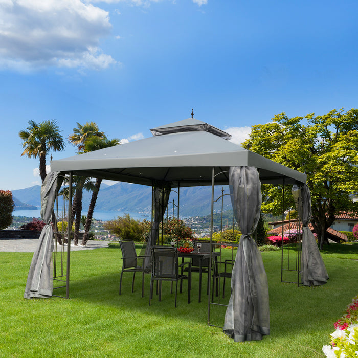 Outsunny 10' X 10' Abri De Jardin En Acier Pour L'exterieur Avec Rideaux En Maille Amovibles, Etageres De Presentation Et Cadre En Acier, Gris